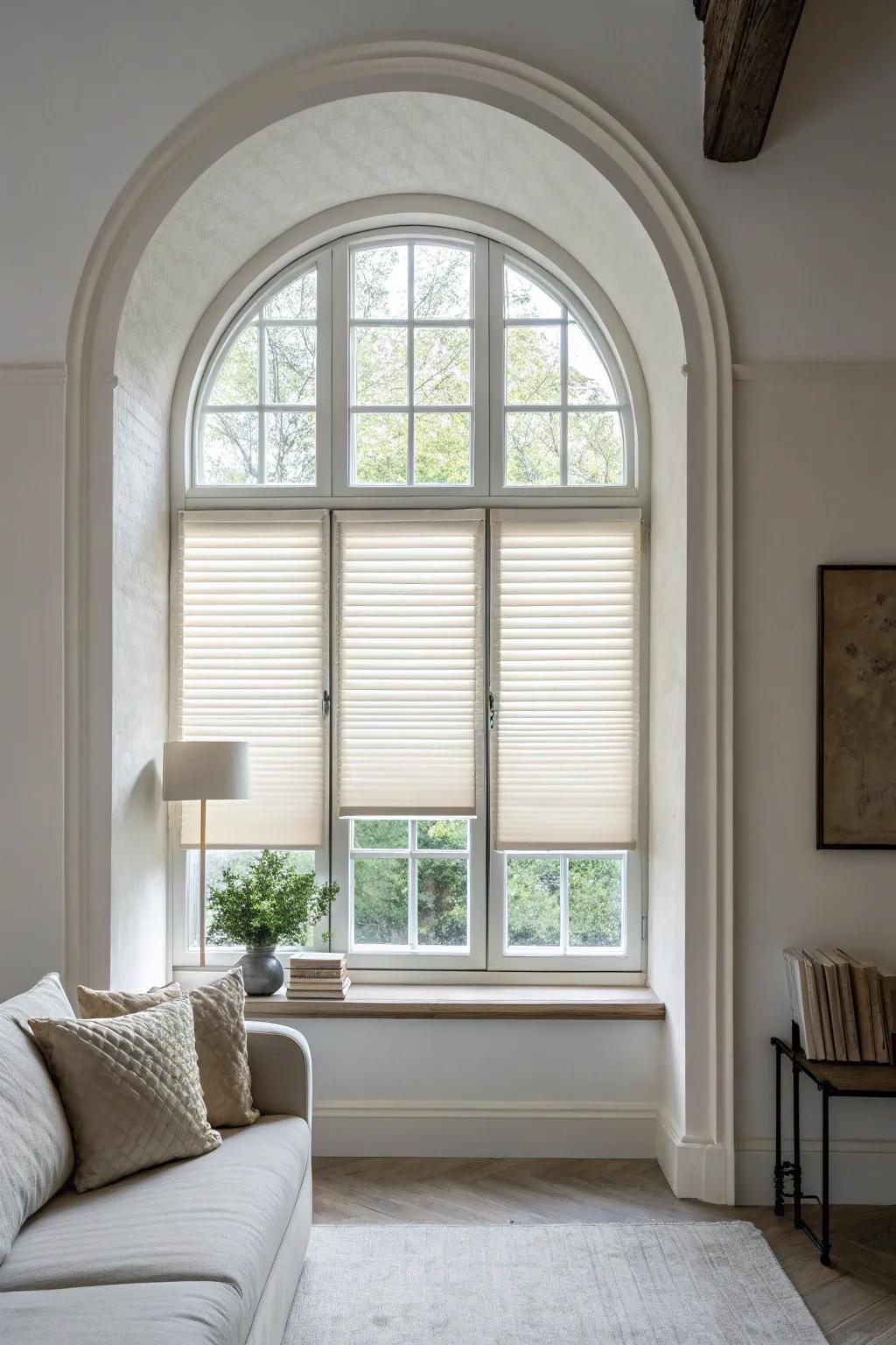 Minimalist room featuring tailored coverings on arched windows.