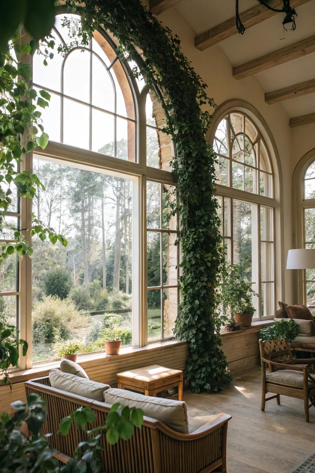 Nature-inspired living area featuring vines trailing on arched windows.