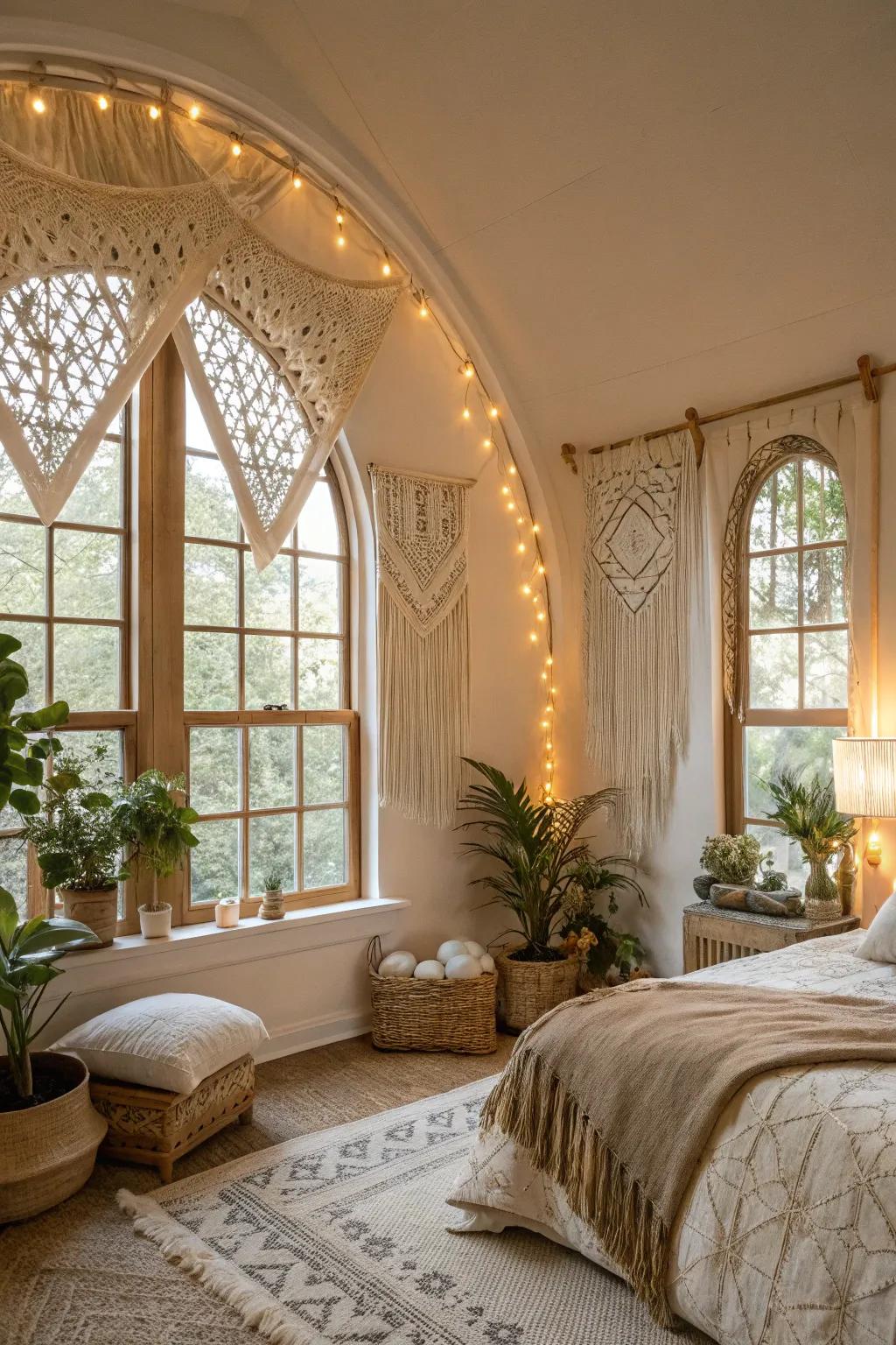 Bohemian bedroom featuring knotwork design on arched windows.