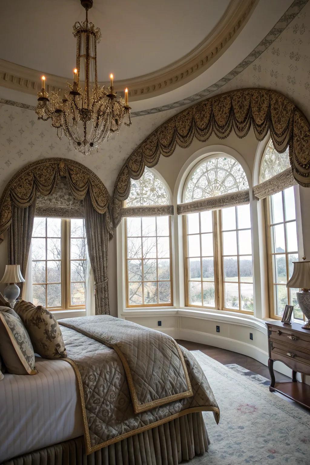 Elegant bedroom featuring arched headings on windows.