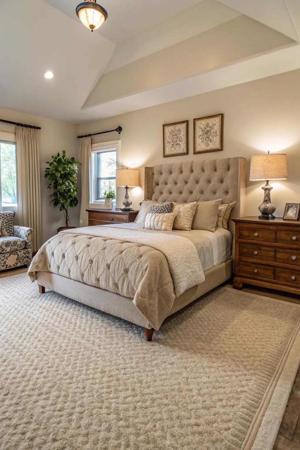 A variety of furniture enhances the neutral elegance of a beige carpet.