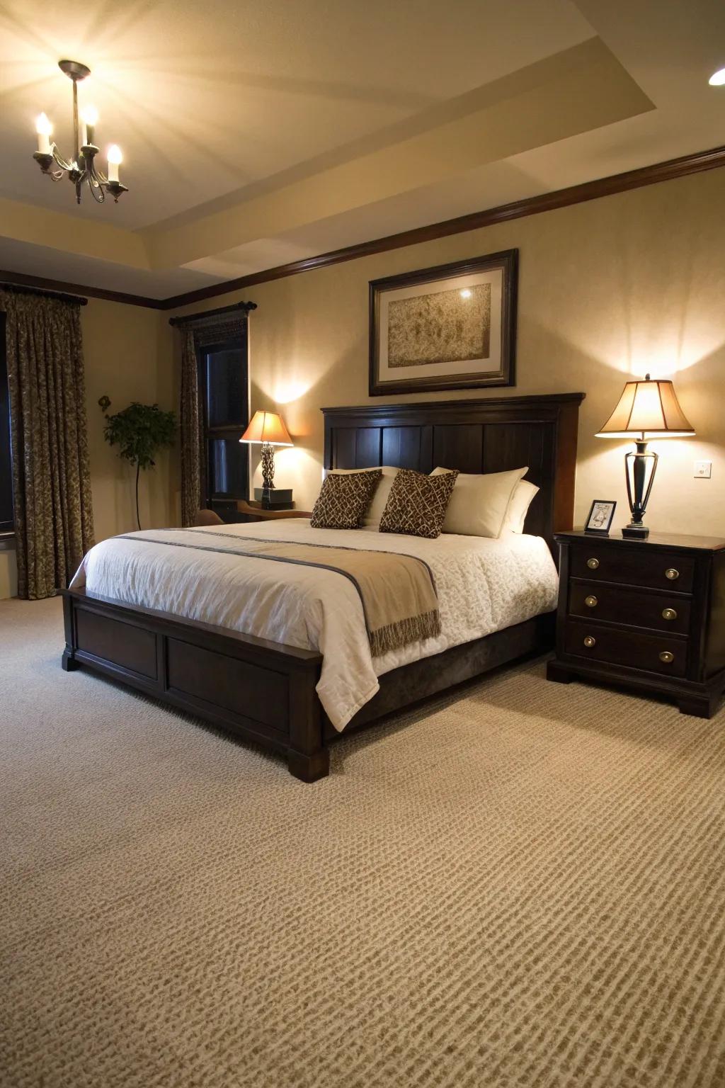 Dark accents add depth and sophistication to this bedroom with a beige carpet.