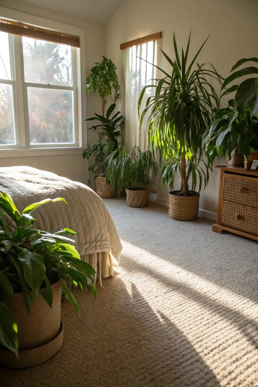Green plants add a fresh element to this peaceful bedroom with a beige carpet.