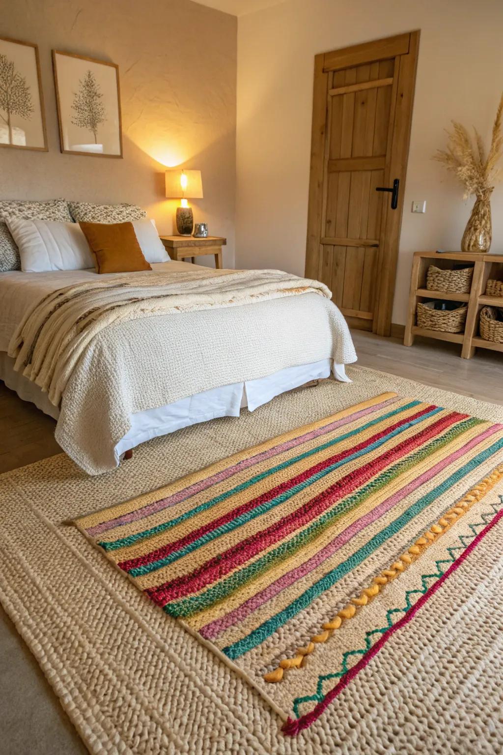 Layered rugs bring texture and visual interest to a bedroom featuring a beige carpet.