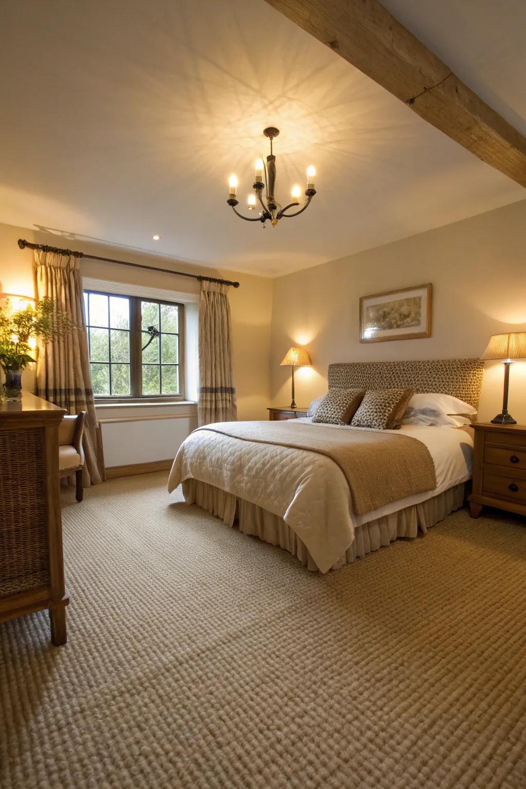 Welcoming lighting emphasizes the understated beauty of a beige carpet in this appealing bedroom.