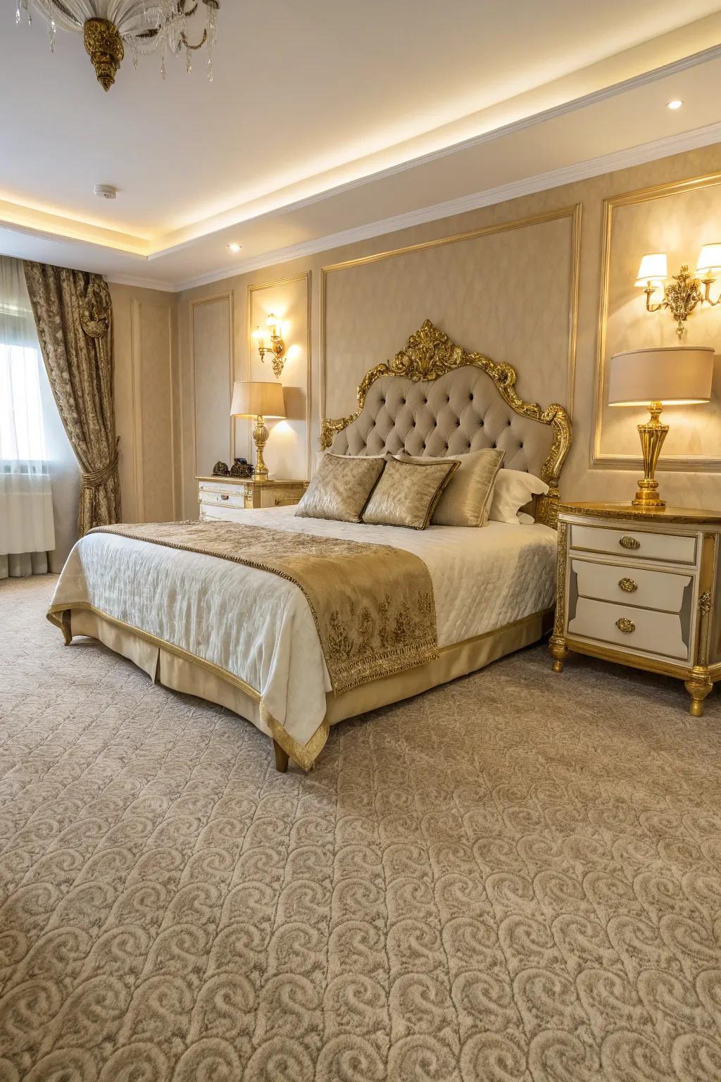A touch of gold adds a luxurious feel to this beige carpeted bedroom.