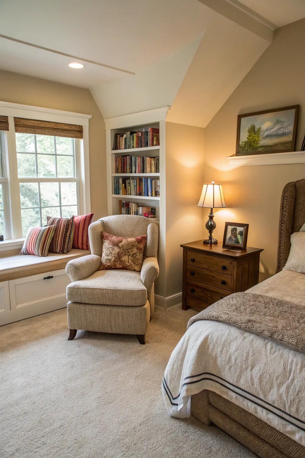A reading nook offers a peaceful escape in this beige carpeted bedroom.