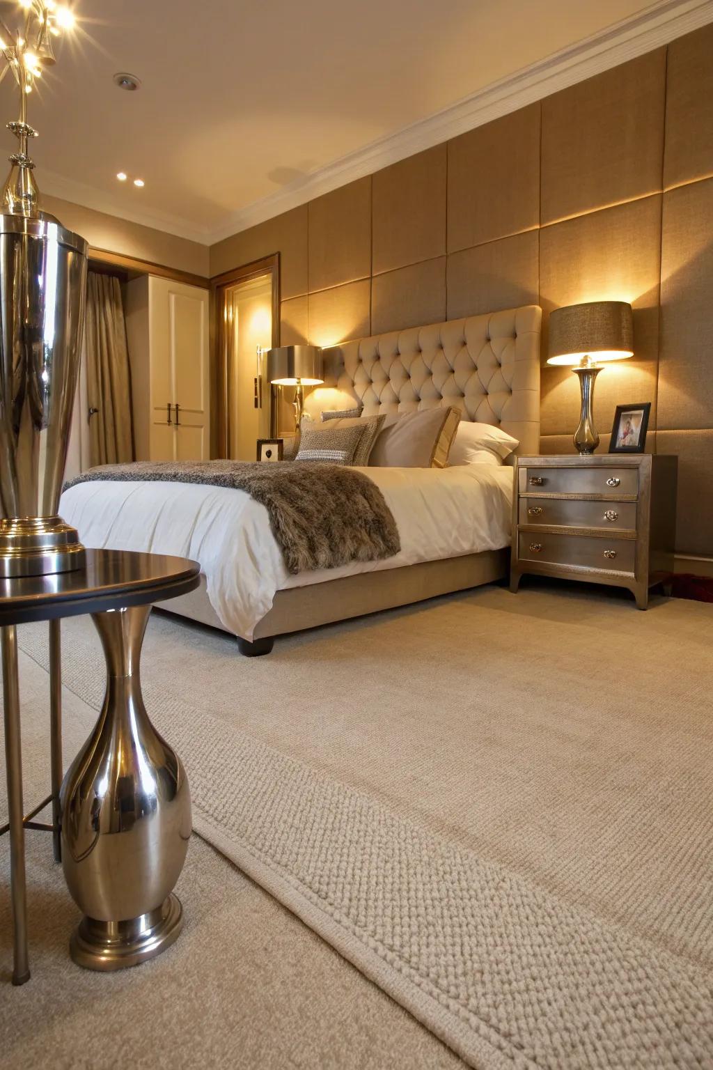 Metallic accents bring a modern edge to a classic beige carpeted bedroom.
