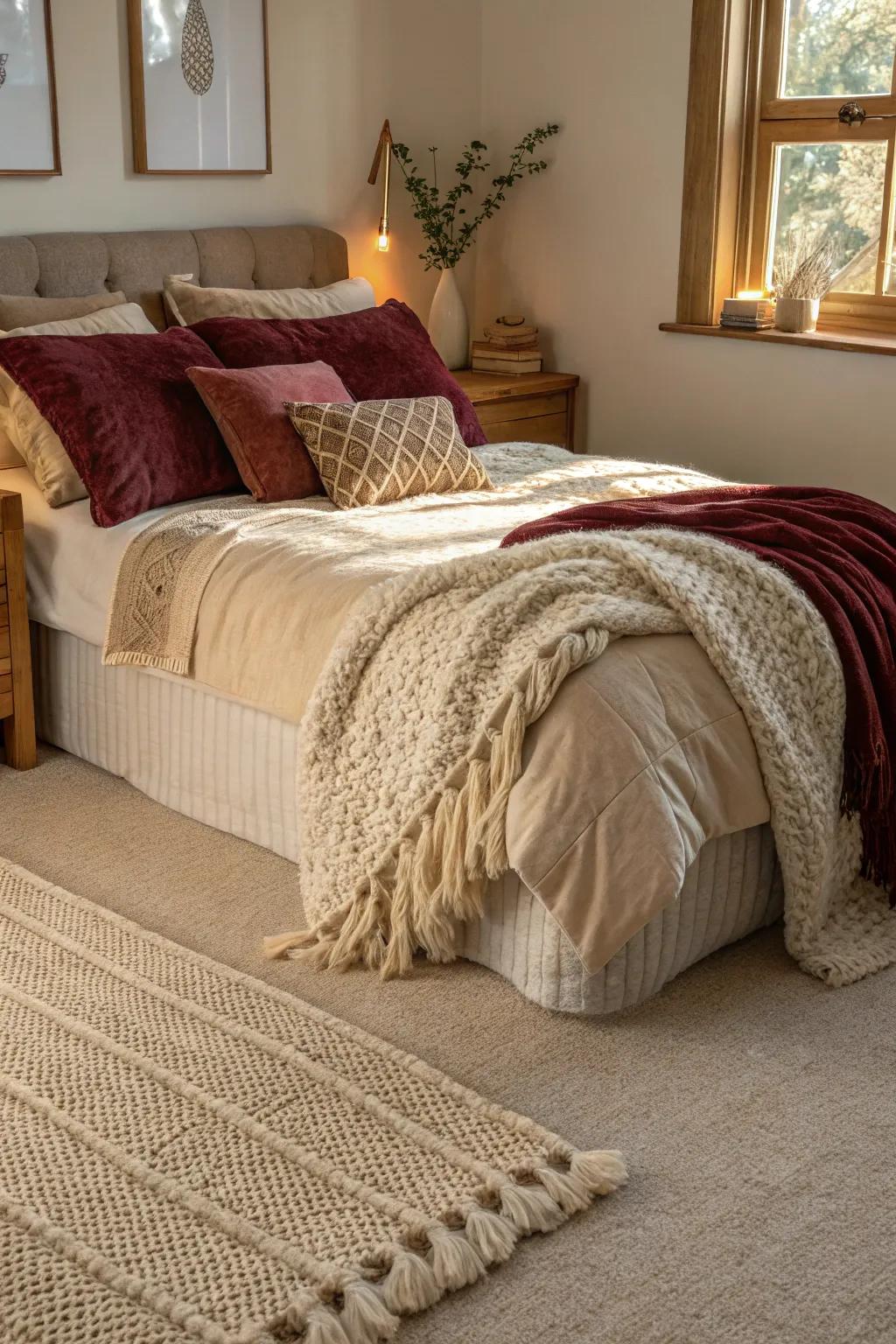 A welcoming bedroom where different textures stand out against a beige carpet.
