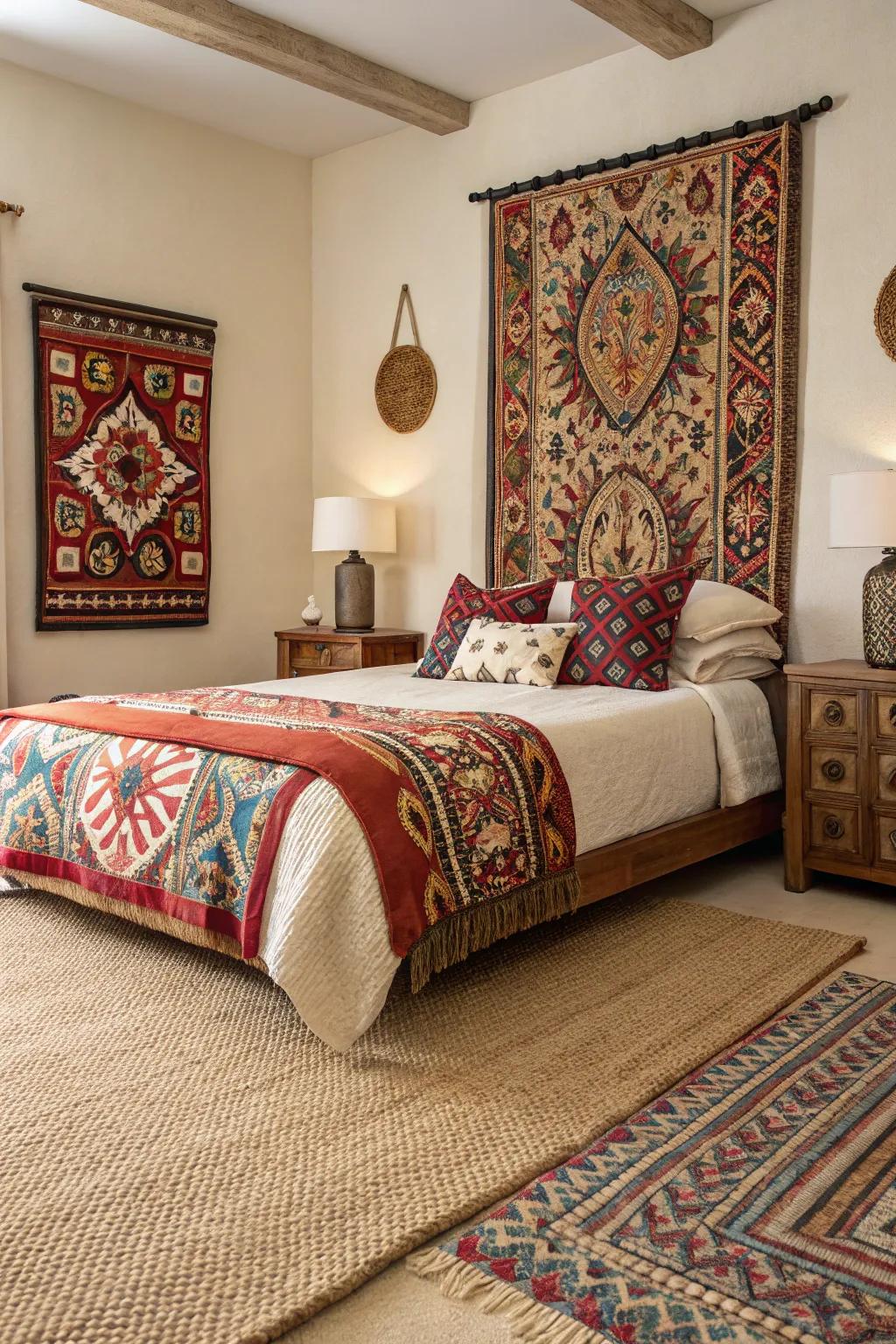 Bold patterns add vibrancy and energy to a bedroom with a beige carpet.