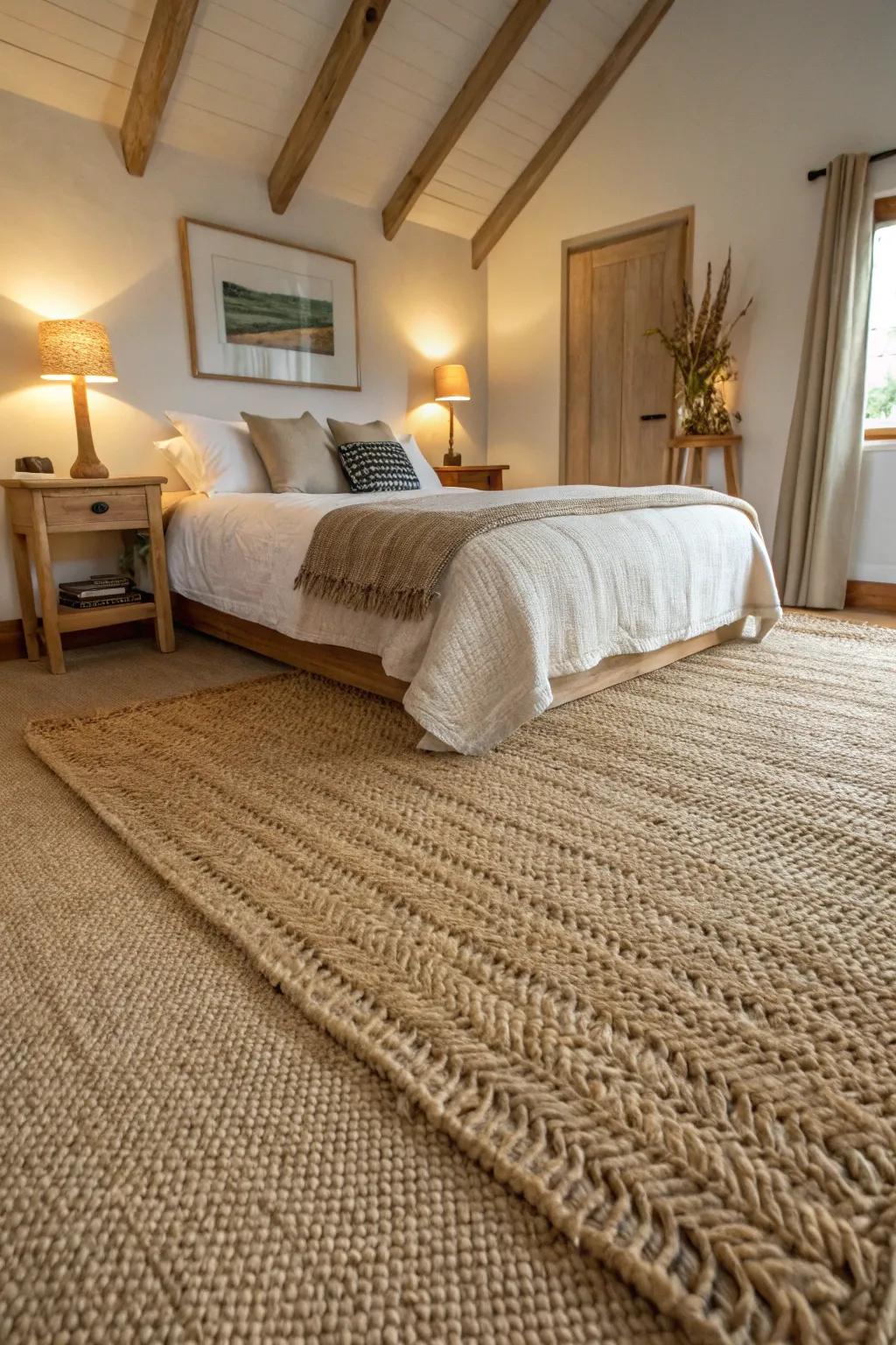 Eco-friendly materials enhance the natural beauty of a beige carpeted bedroom.