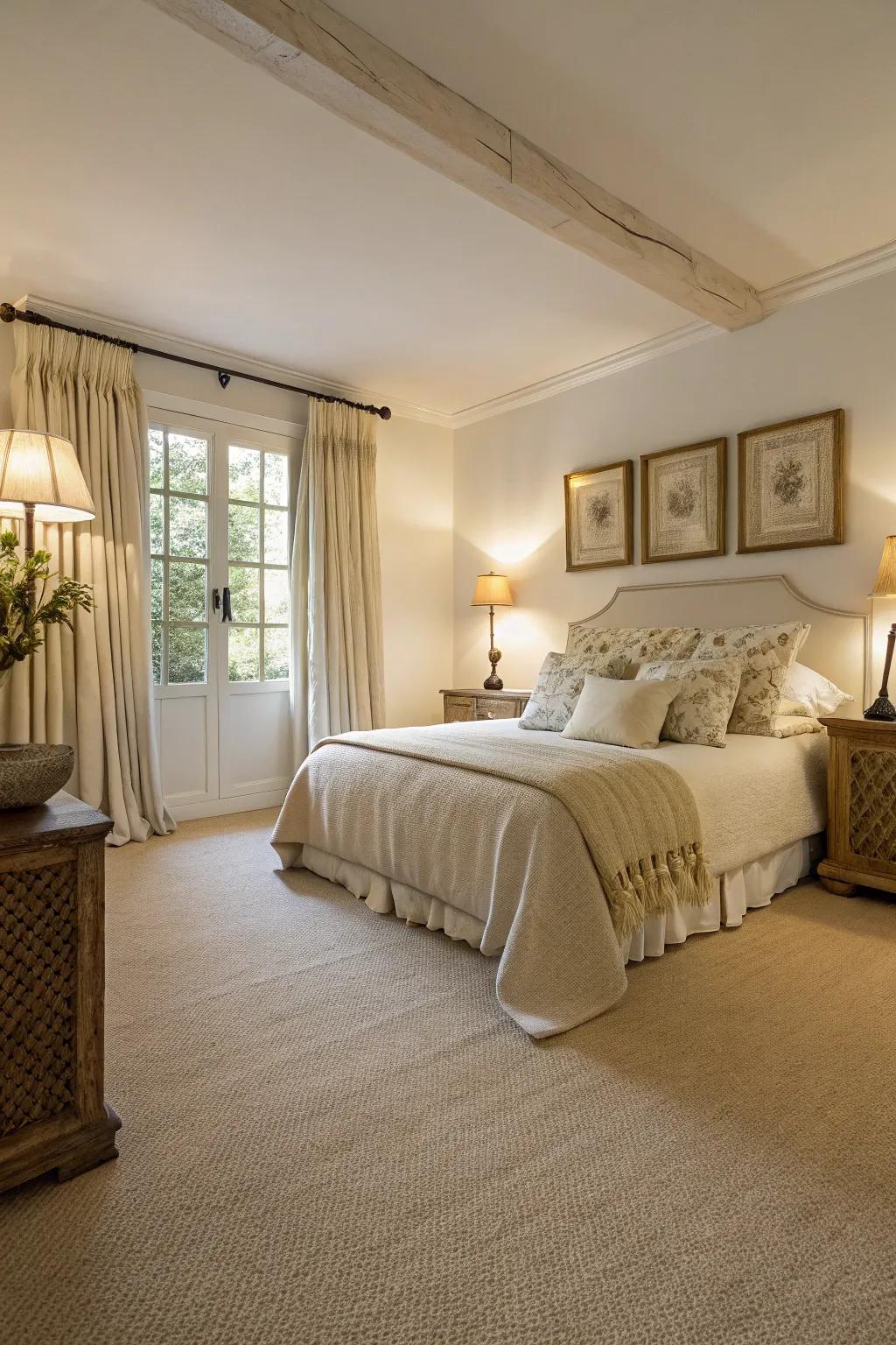 A serene bedroom showcasing a neutral color scheme, highlighting the subtle beauty of a beige carpet.