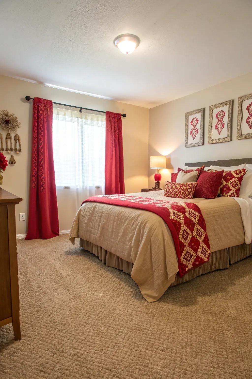 A bold pop of color enlivens this bedroom, perfectly balanced by a beige carpet.