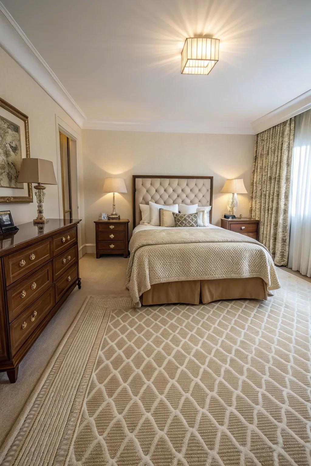 Symmetry creates a harmonious and balanced atmosphere in a beige carpeted bedroom.