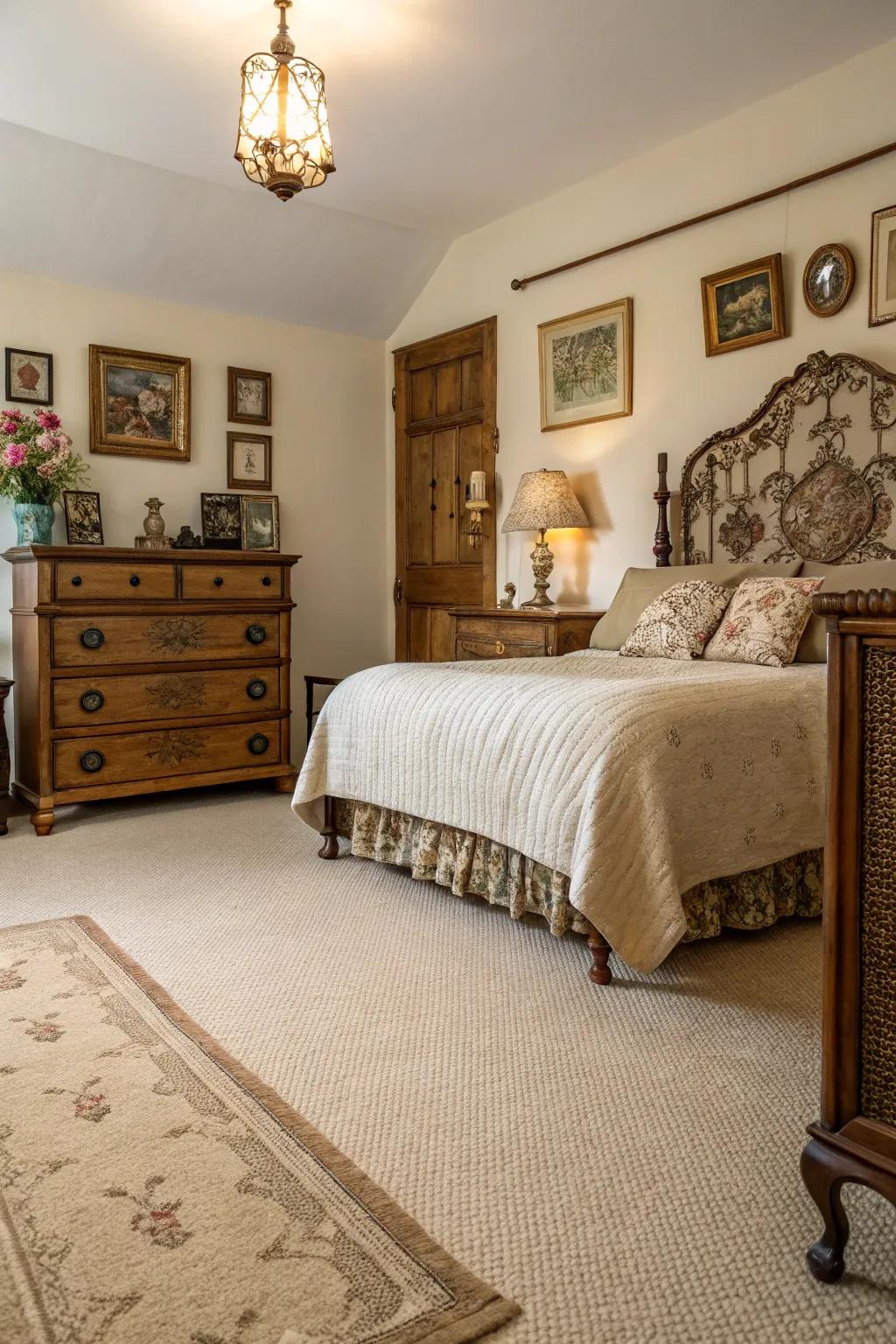 Vintage charm meets modern comfort in this bedroom with a beige carpet.