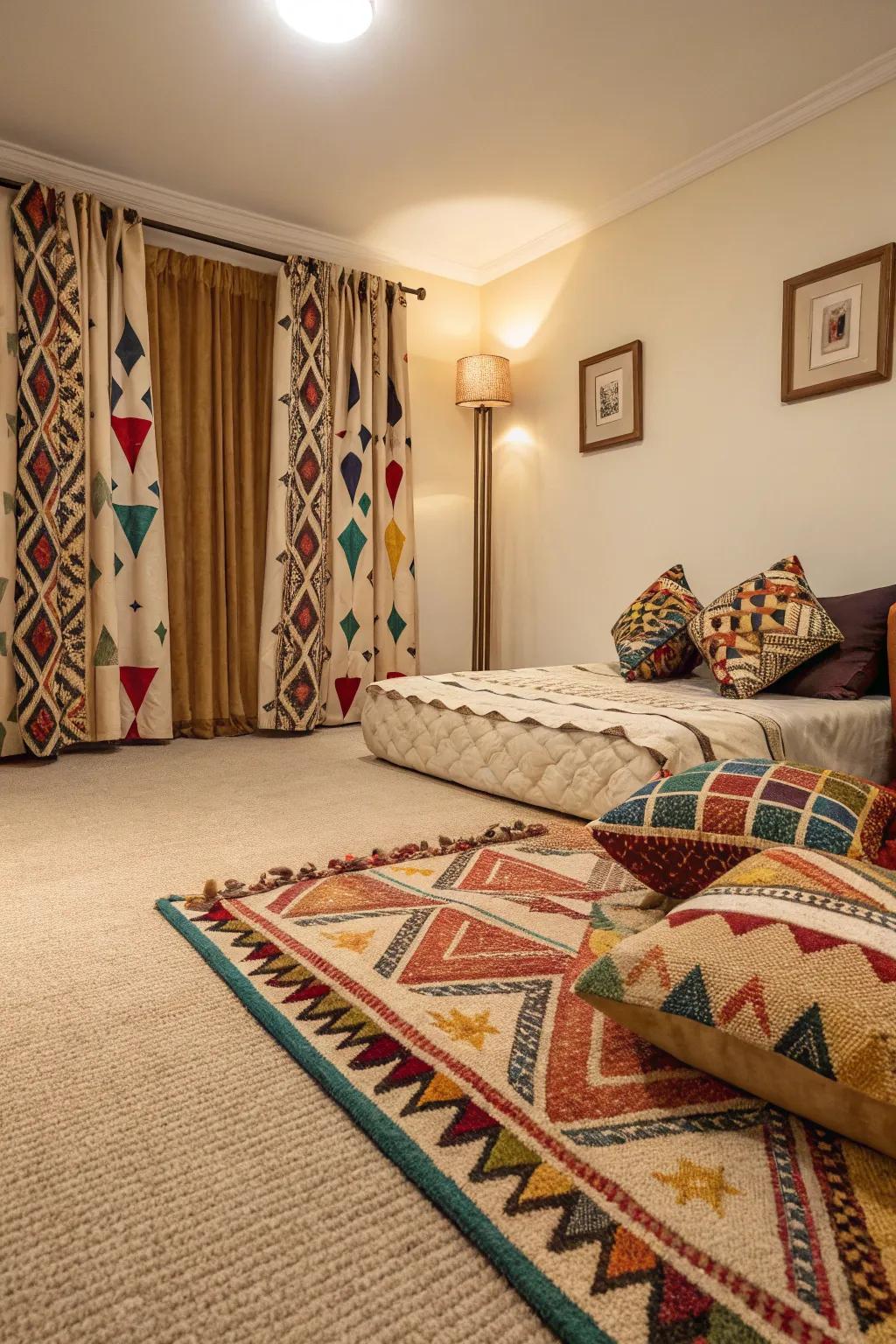 Geometric patterns add a contemporary flair to this beige carpeted bedroom.