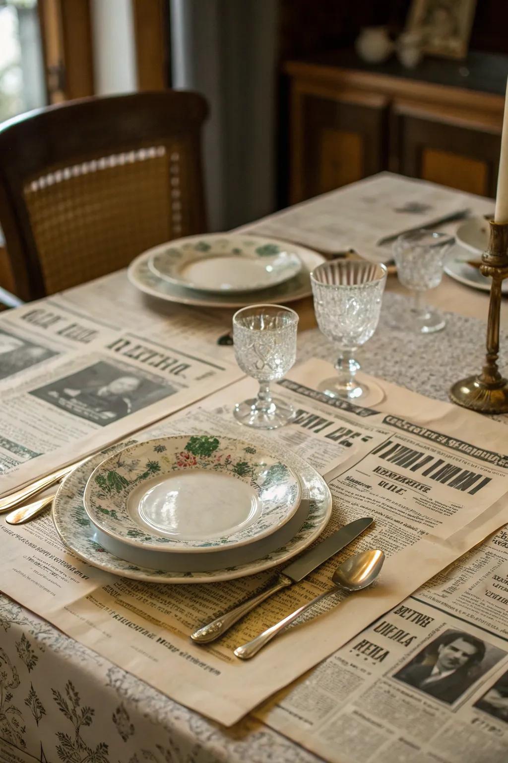 Newspapers present a remembrance and eco-friendly table arrangement.