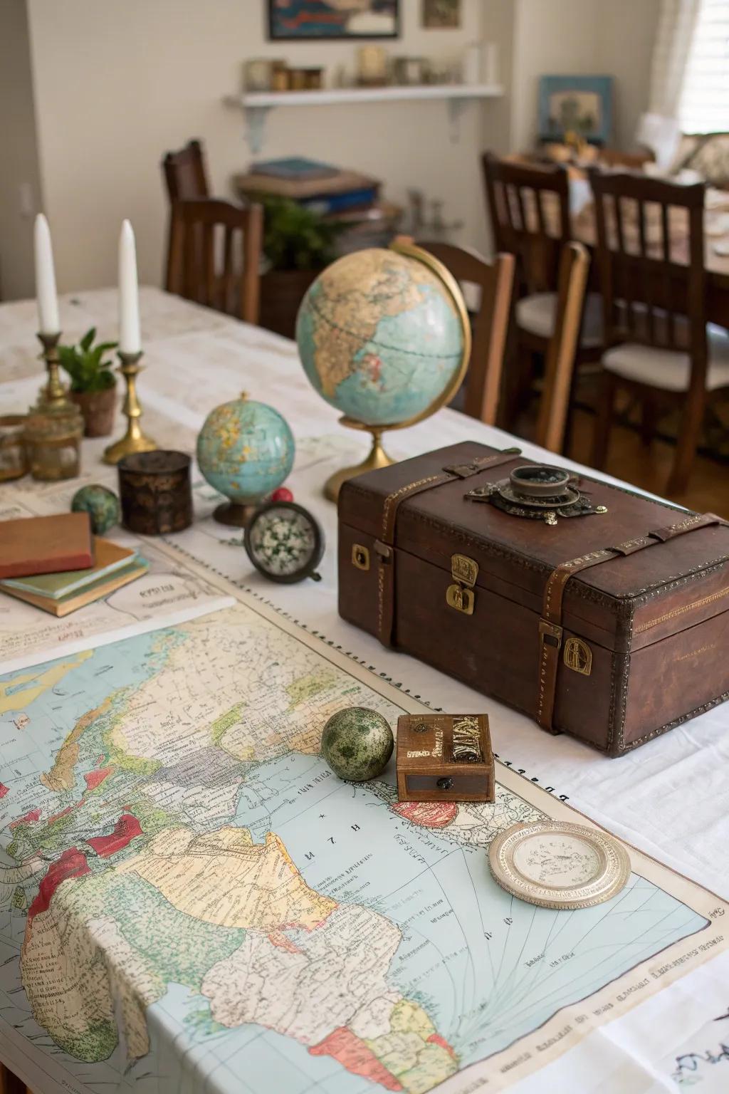 Antique charts craft a storytelling centerpiece.