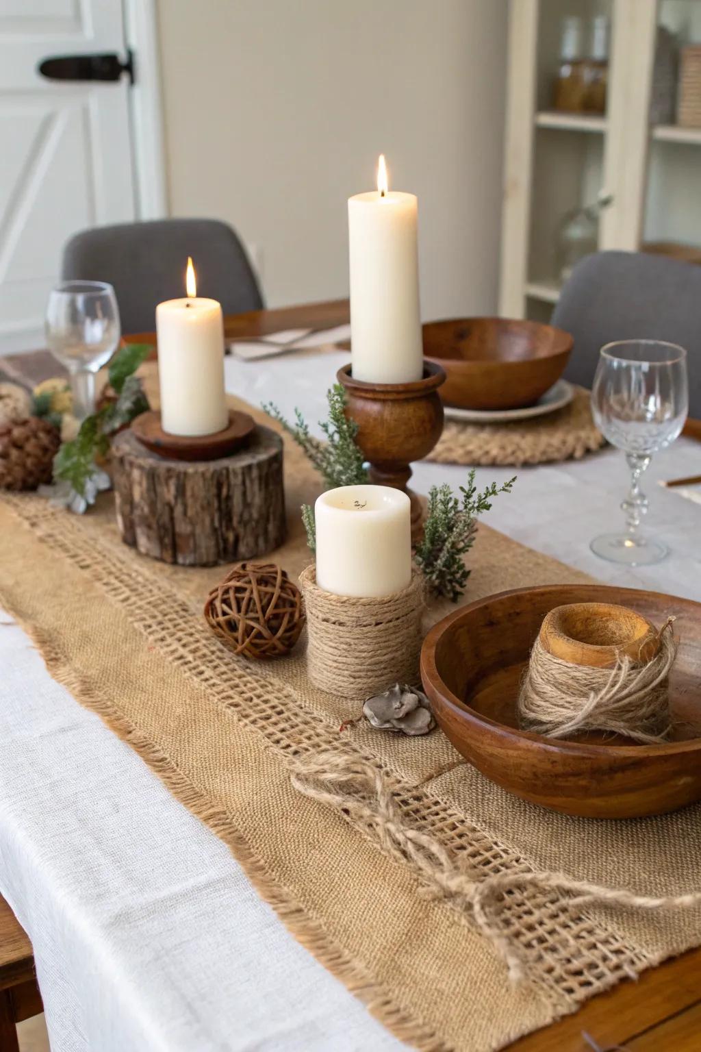 Burlap paths bring country charm to every dining table.