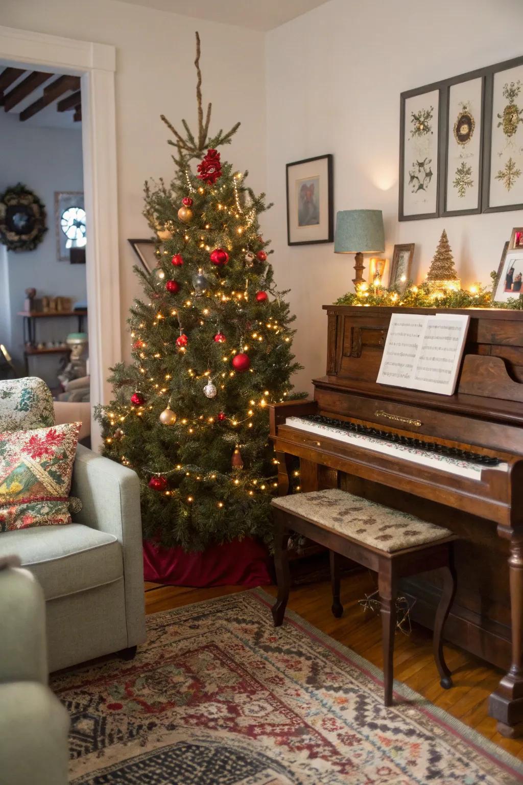 A piano stool adds height and uniqueness to your tree.