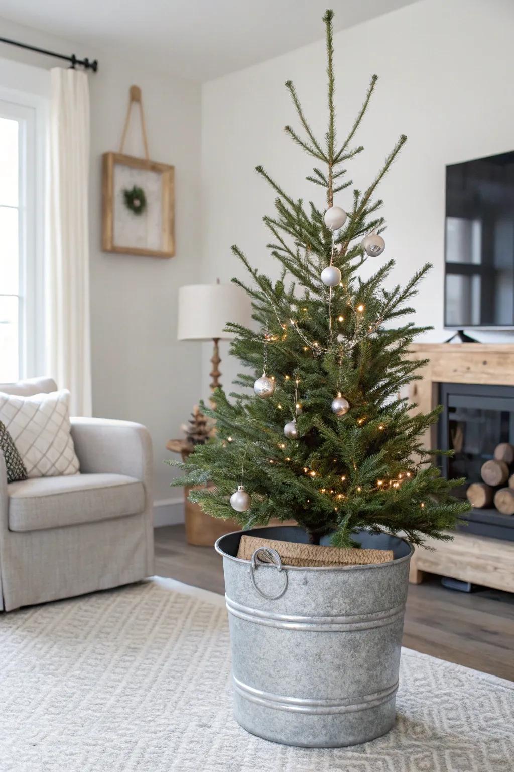 A metal bucket adds industrial chic to your tree.
