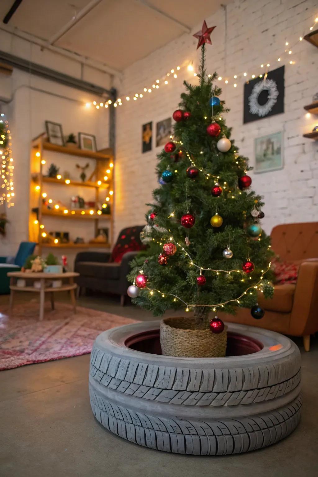 An upcycled tire adds a quirky, industrial touch to your tree.