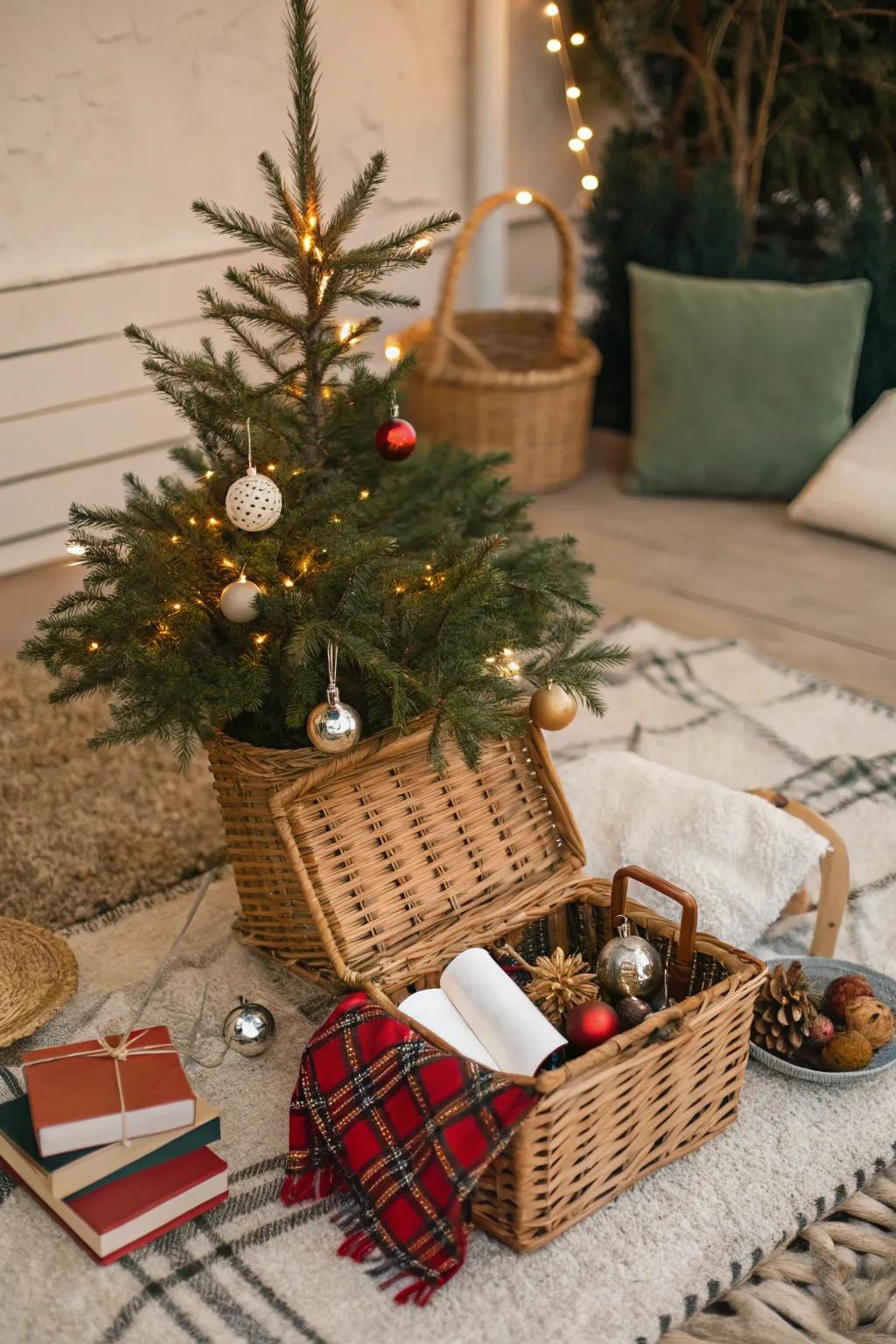 A picnic basket adds a playful touch to your tree base.