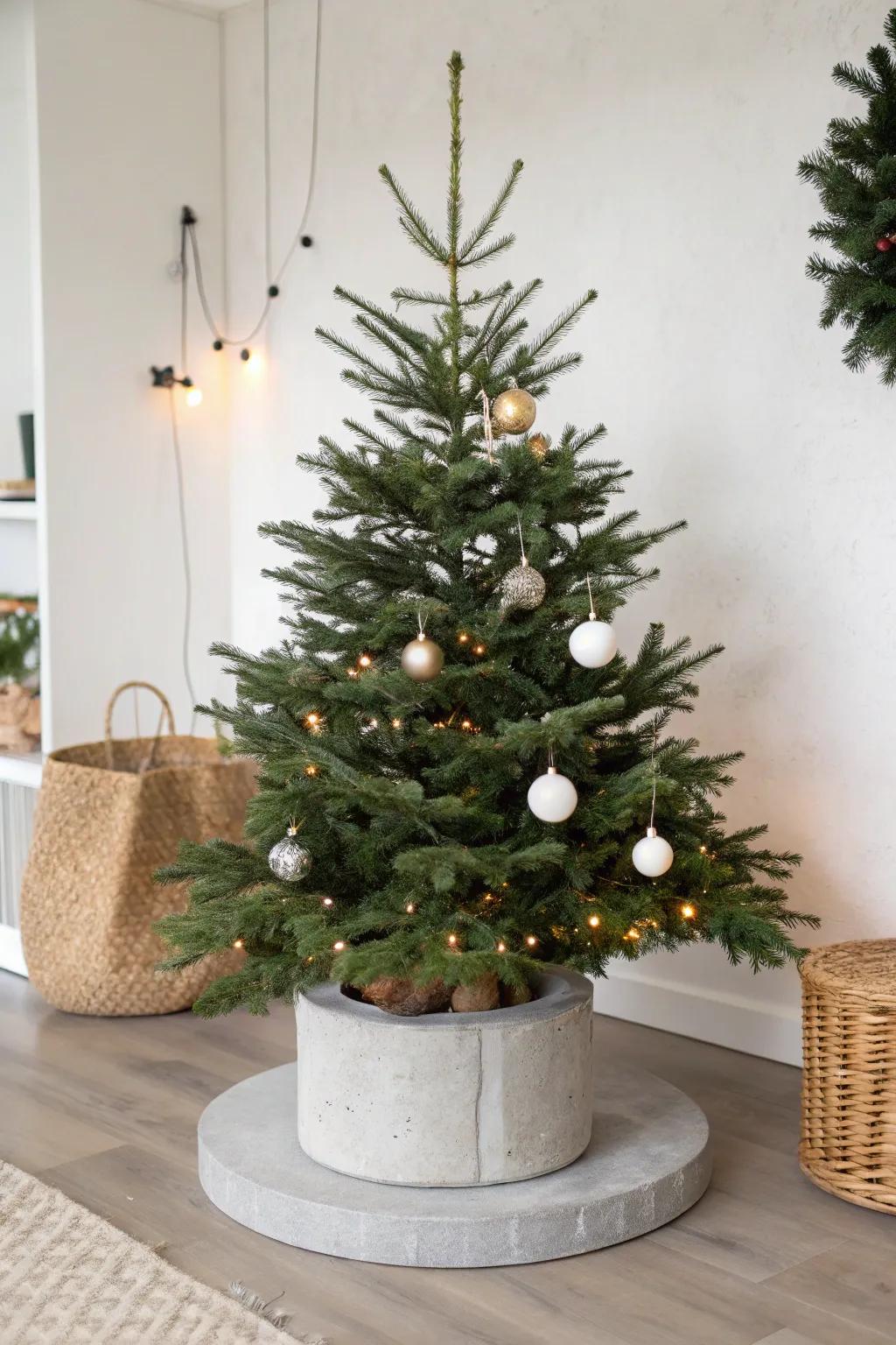 A concrete stand provides a sleek, modern base for your tree.