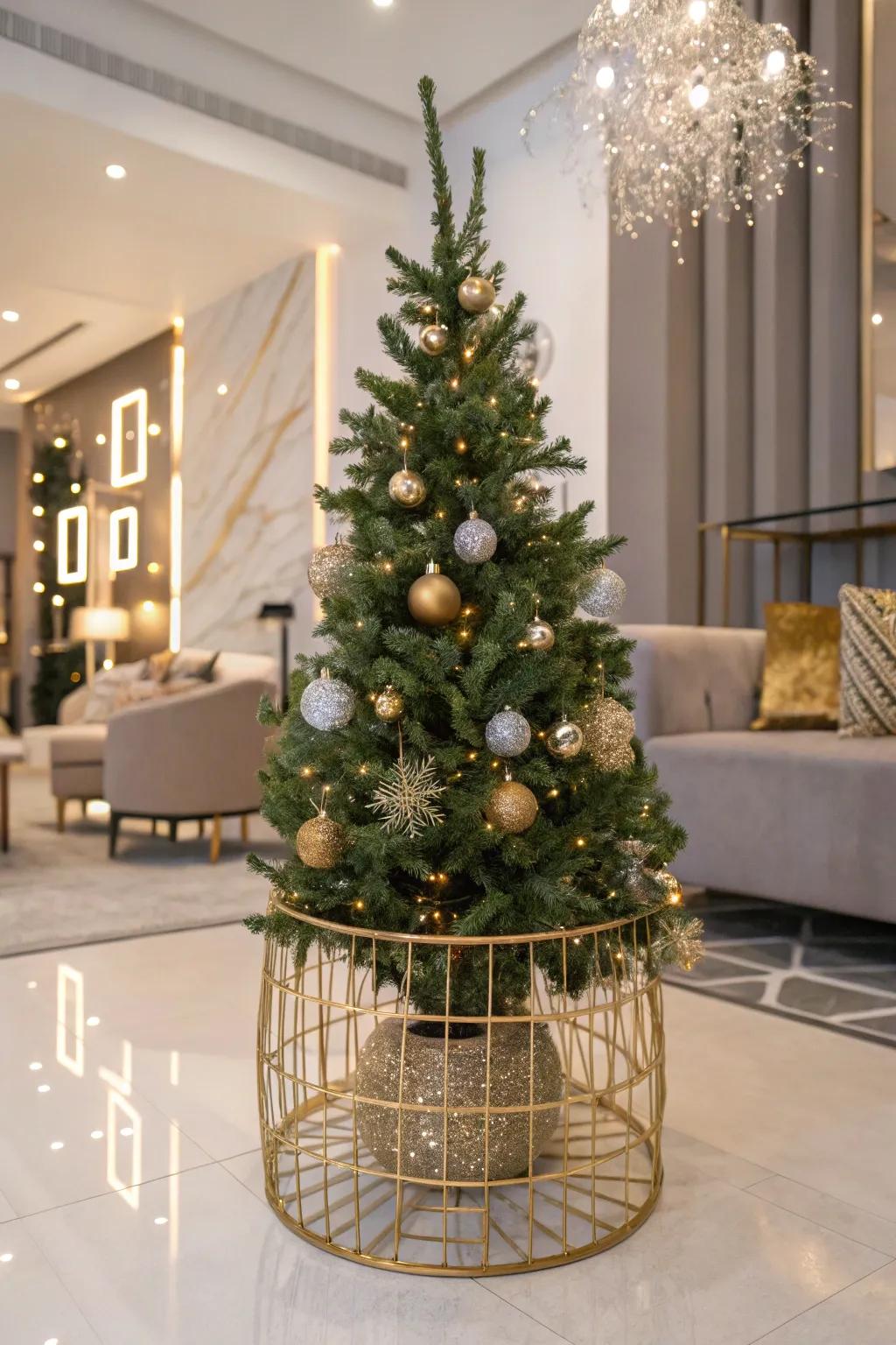 A gold wire basket adds a glamorous touch to your tree.