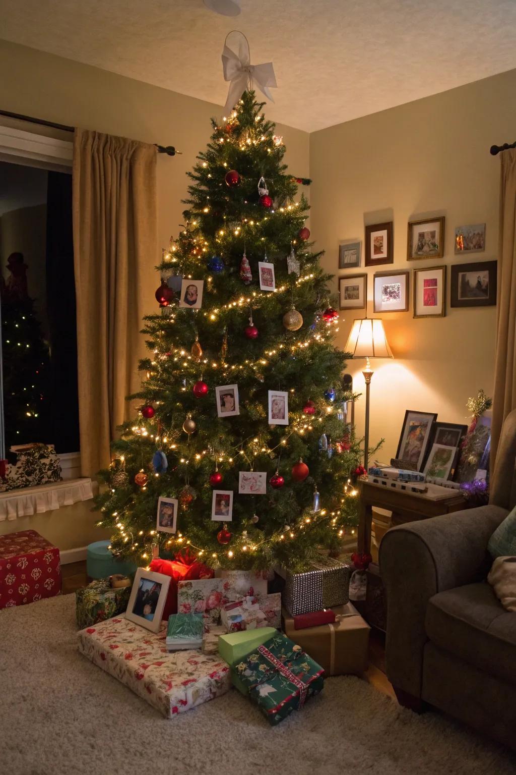 A personalized Christmas tree embellished with mementos and radiant lights, rendering it a heartwarming holiday centerpiece.