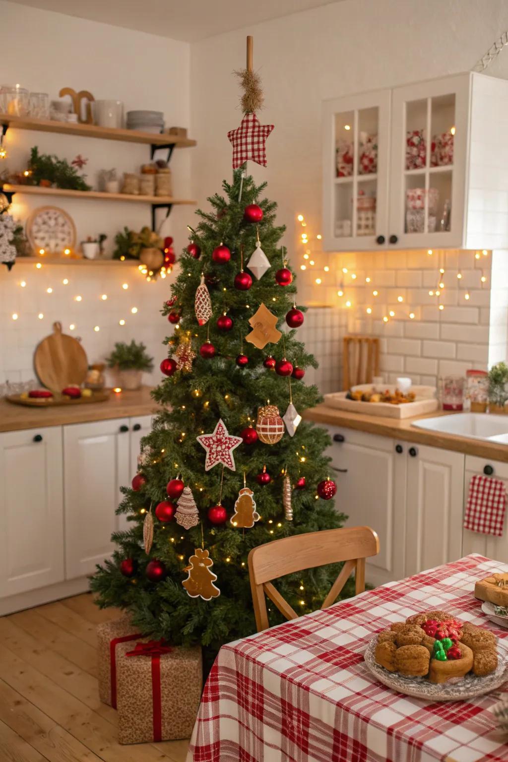 A delightful Christmas tree embellished with gingerbread-themed decorations and radiant lights, filling the area with holiday cheer.