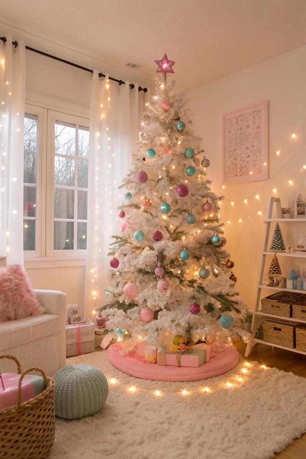 A dreamy Christmas tree showcasing pastel-colored lights and decorations, ideal for a light-hearted festive atmosphere.