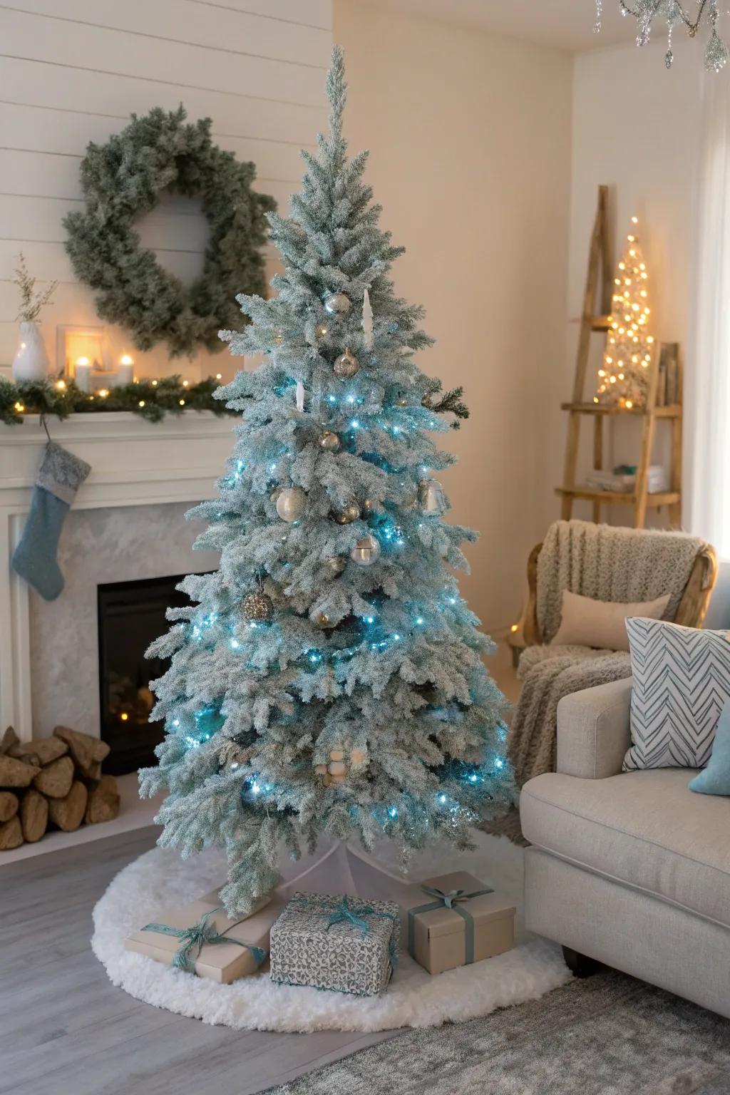 A serene Christmas tree showcasing chilled branches and icy azure lights, crafting a captivating winter dreamscape indoors.