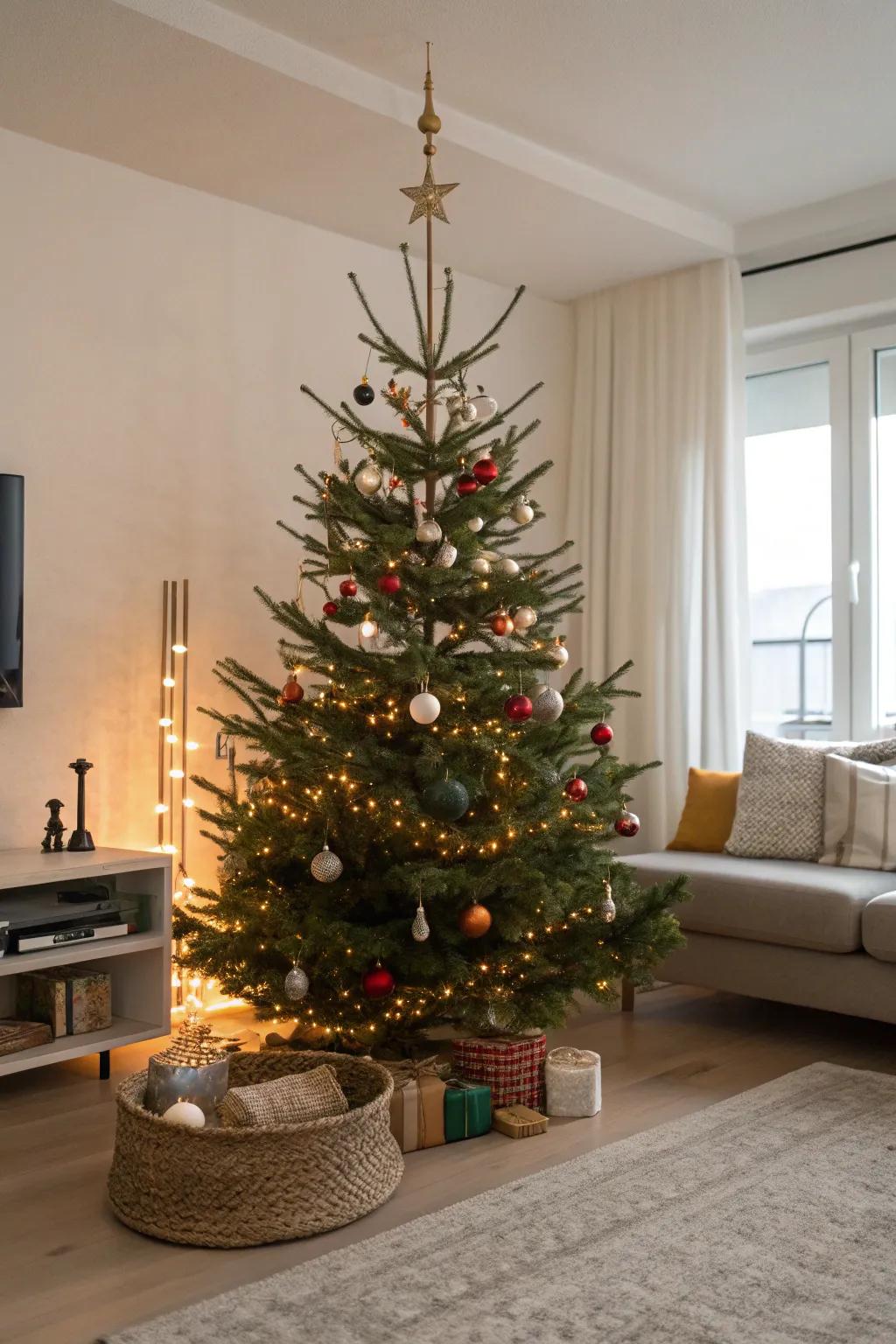 An elegant Christmas tree featuring minimalist ornamentation and radiant lights, showcasing the elegance of simplicity.