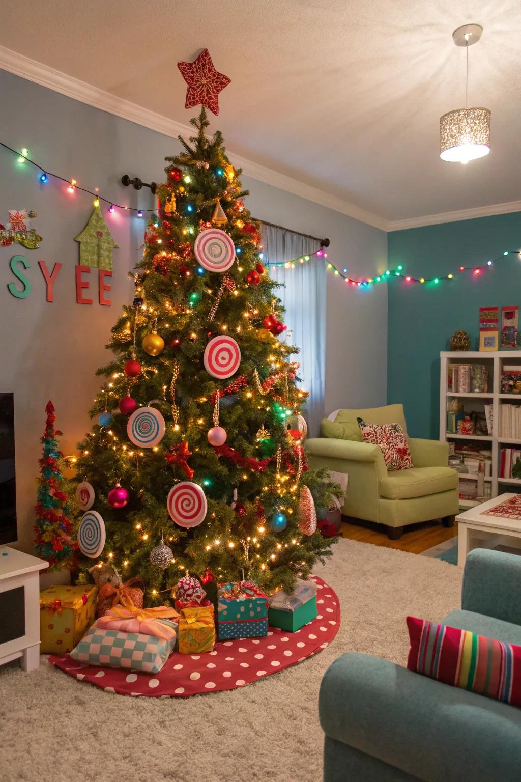 A whimsical Christmas tree adorned with confection-inspired ornaments coupled with vivid lights, ideal for a spirited holiday ambiance.