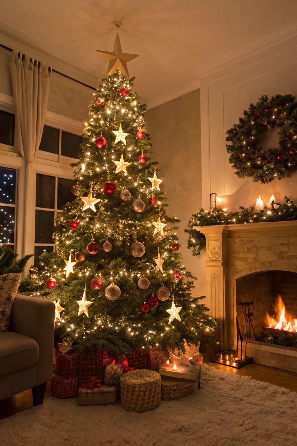 A captivating Christmas tree embellished with star-themed decorations and radiant lights, capturing a starlit night ambiance.