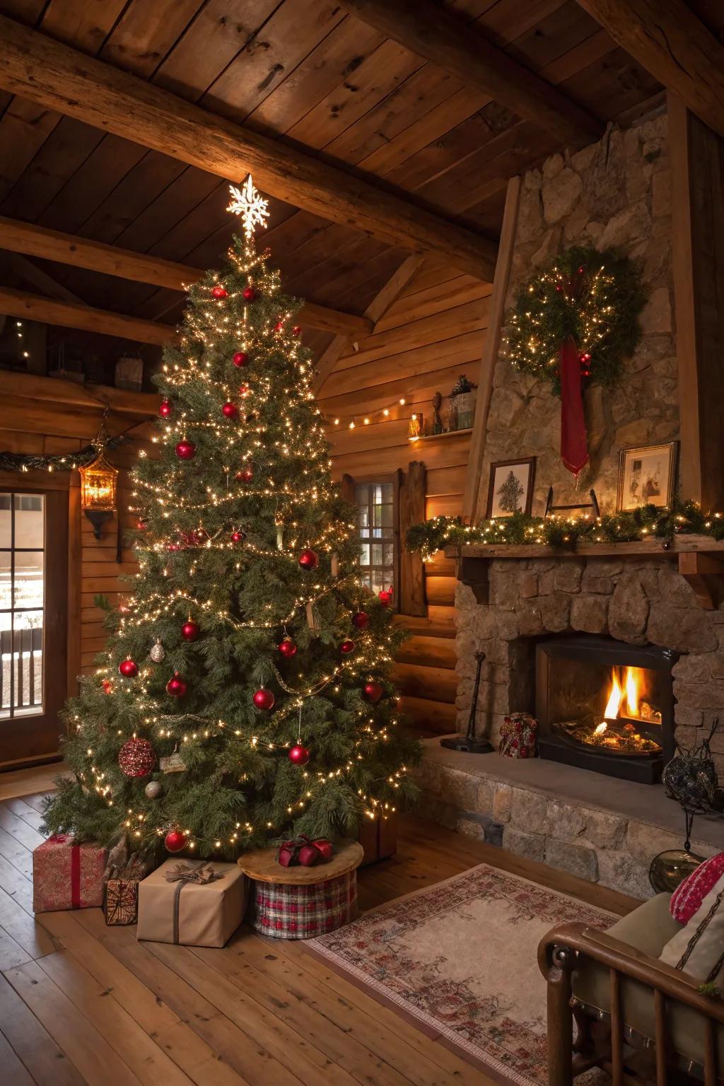 A snug Christmas tree showcasing countryside elements and radiant lights, crafting a warm and welcoming holiday atmosphere.