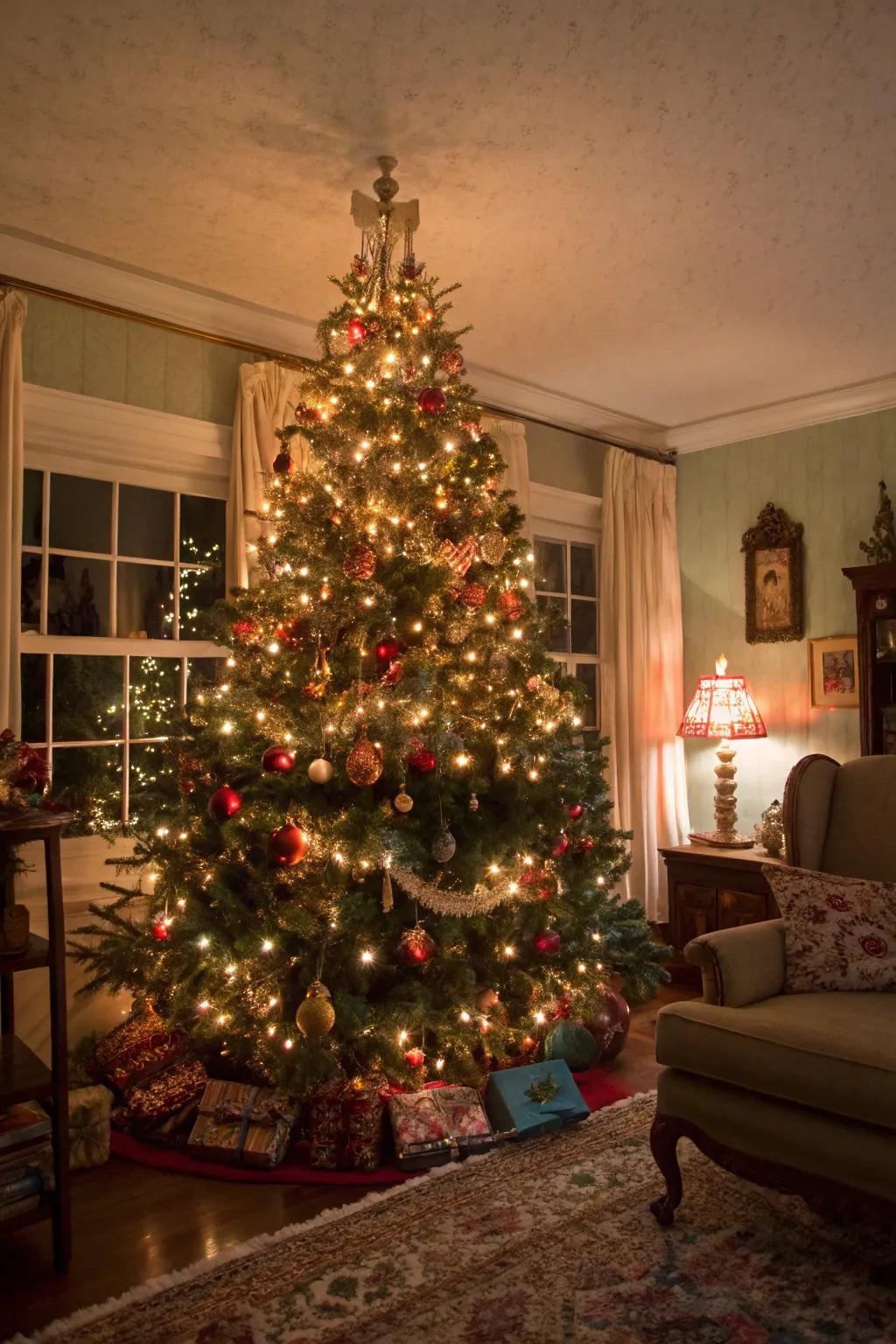 A sentimental Christmas tree showcasing timeless ornaments and radiant lights, evoking pleasant holiday reminiscences.