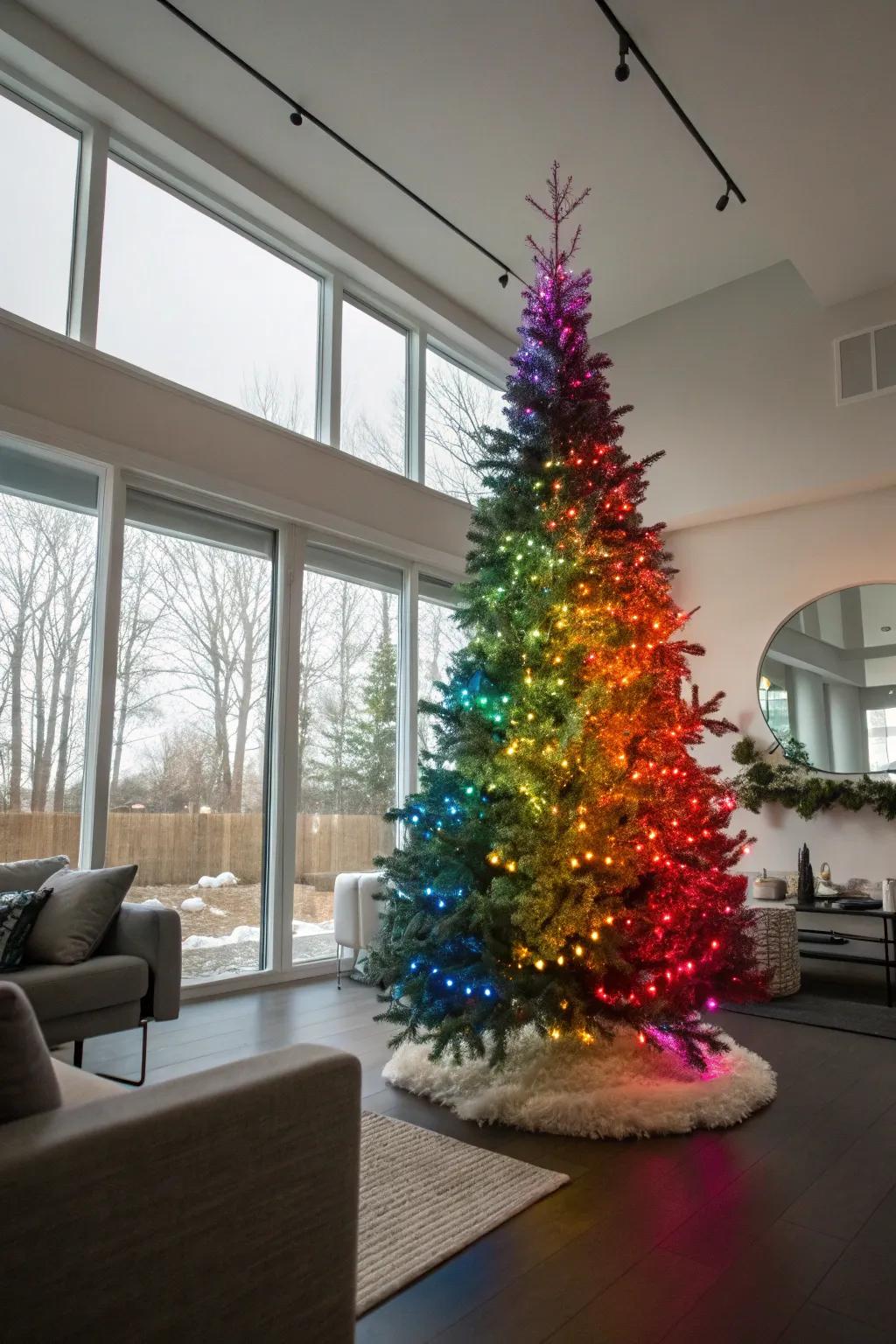 A breathtaking Christmas tree showcases a rainbow gradient through its colored lights, crafting a vibrant focal attraction.