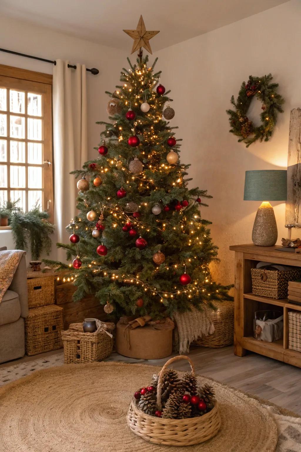 An earthy Christmas tree showcasing natural decorations and radiant lights, crafting a harmonious blend through nature's canvas.