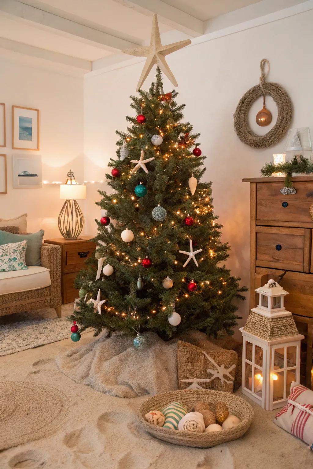 A revitalizing Christmas tree showcasing coastal-themed decorations and radiant lights, evoking a seaside holiday impression.