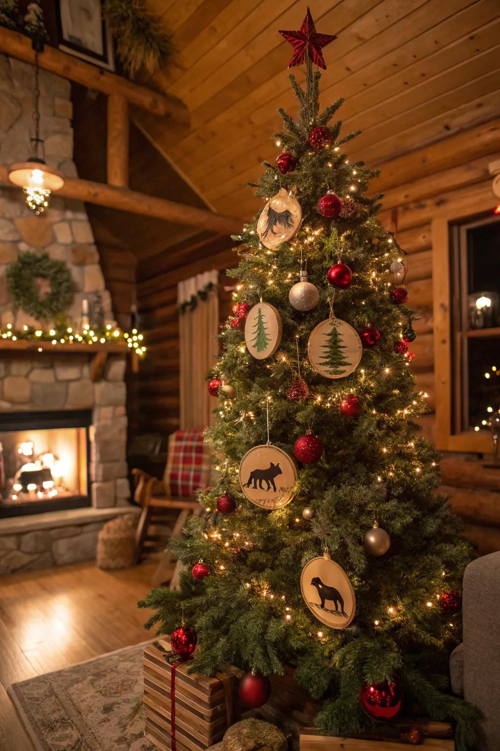 A countryside Christmas tree ornamented with forest-themed decorations and radiant lights, ideal for a snug holiday environment.