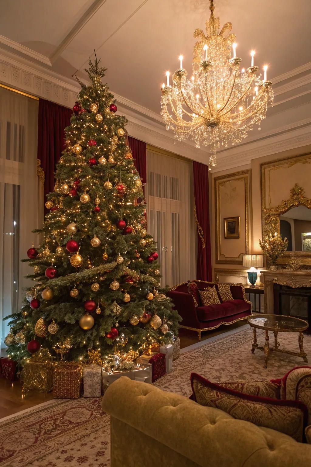 An opulent Christmas tree showcasing gilded accents and radiant lights, crafting a glamorous holiday exhibition.