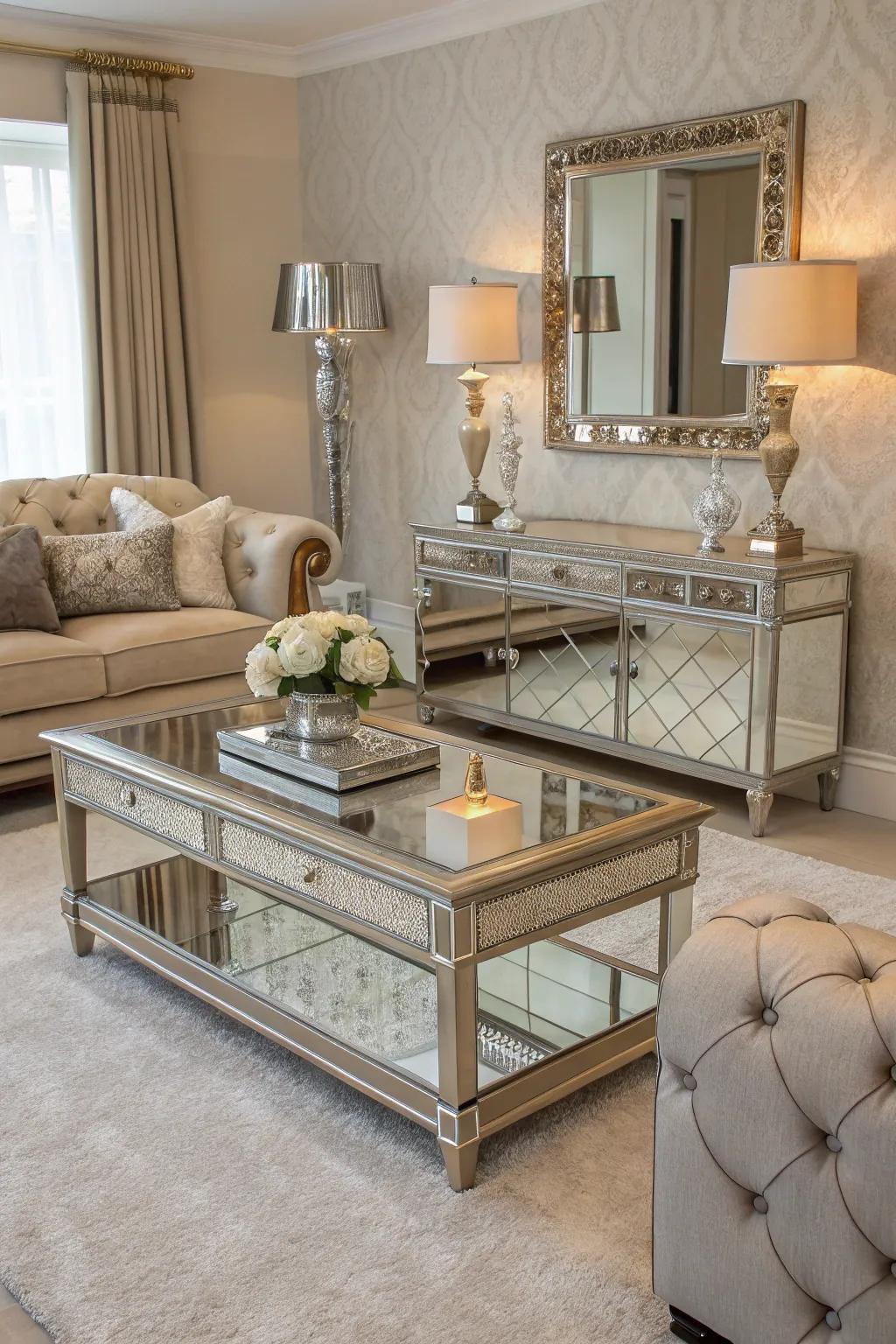 Mirrored furnishings incorporate depth and a dash of glam.