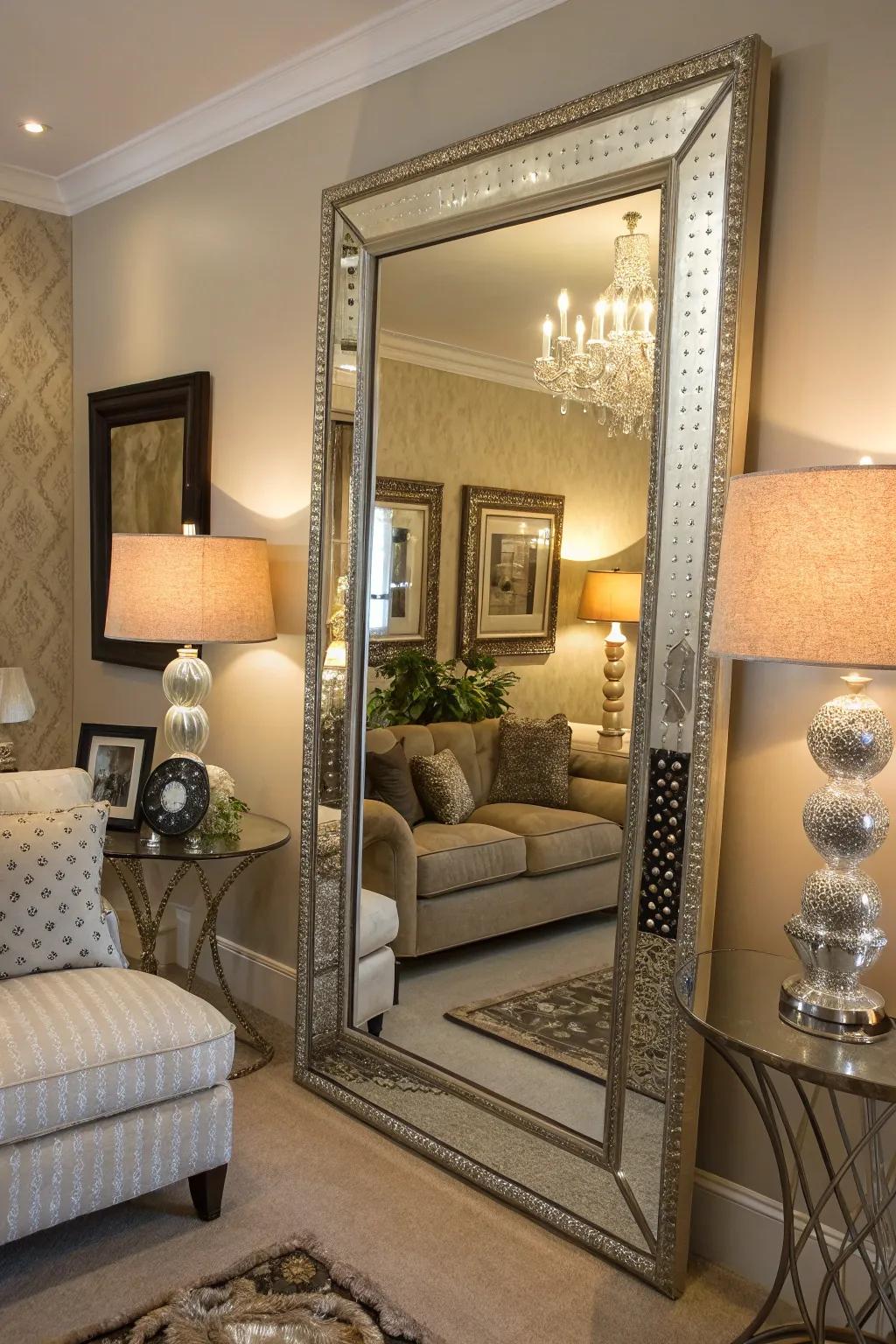 Angled mirrors deliver elegance and a hint of sparkle.
