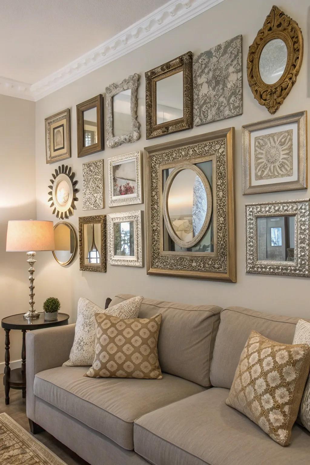 Mirrors featuring distinctive frames act as independent artistic embellishments.
