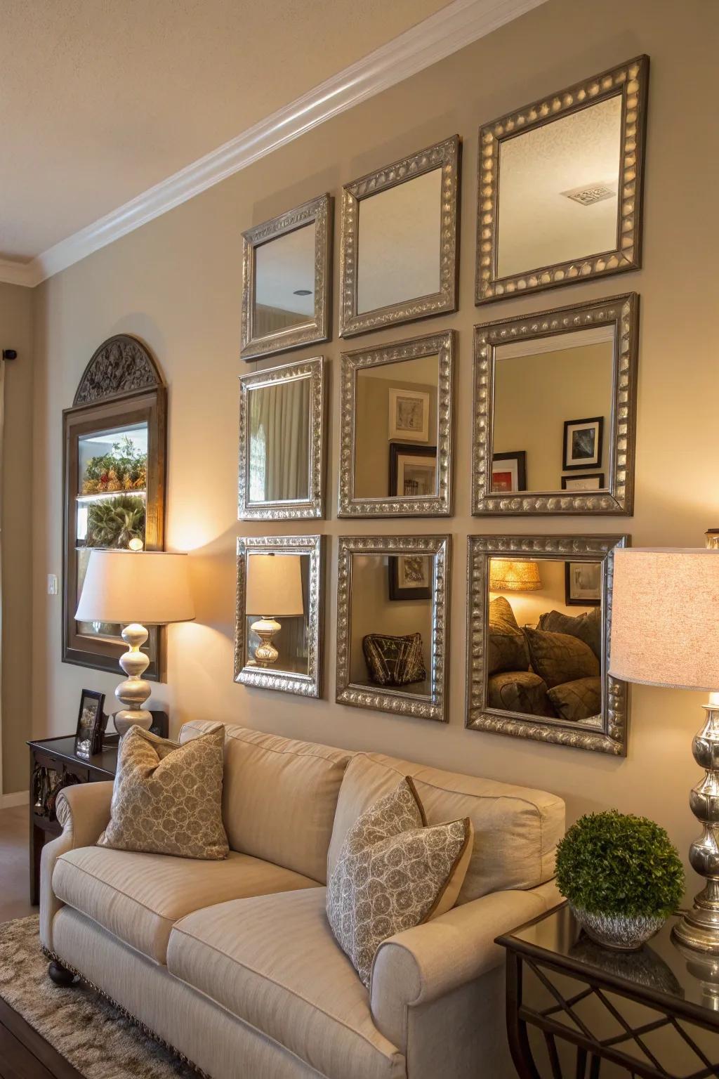 Layered mirrors establish a sophisticated, vibrant focal attraction.