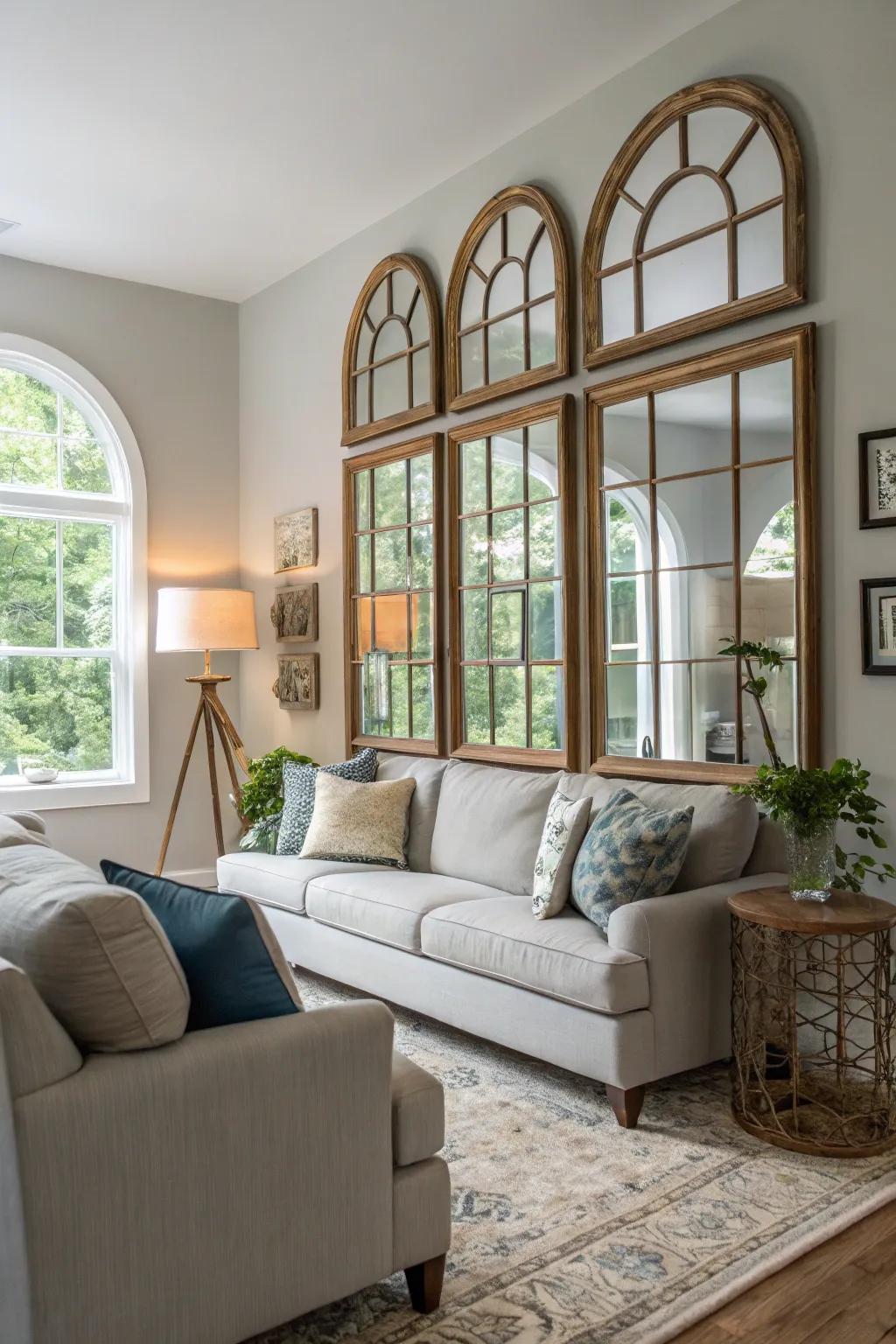 Window-style mirrors brighten and open up spaces.