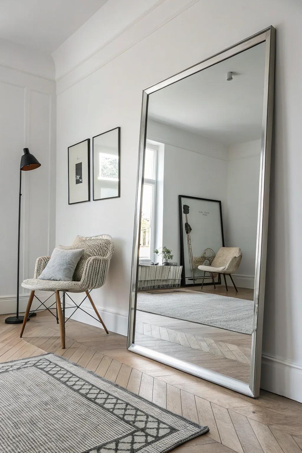 Unframed mirrors furnish a sleek, minimalist touch.