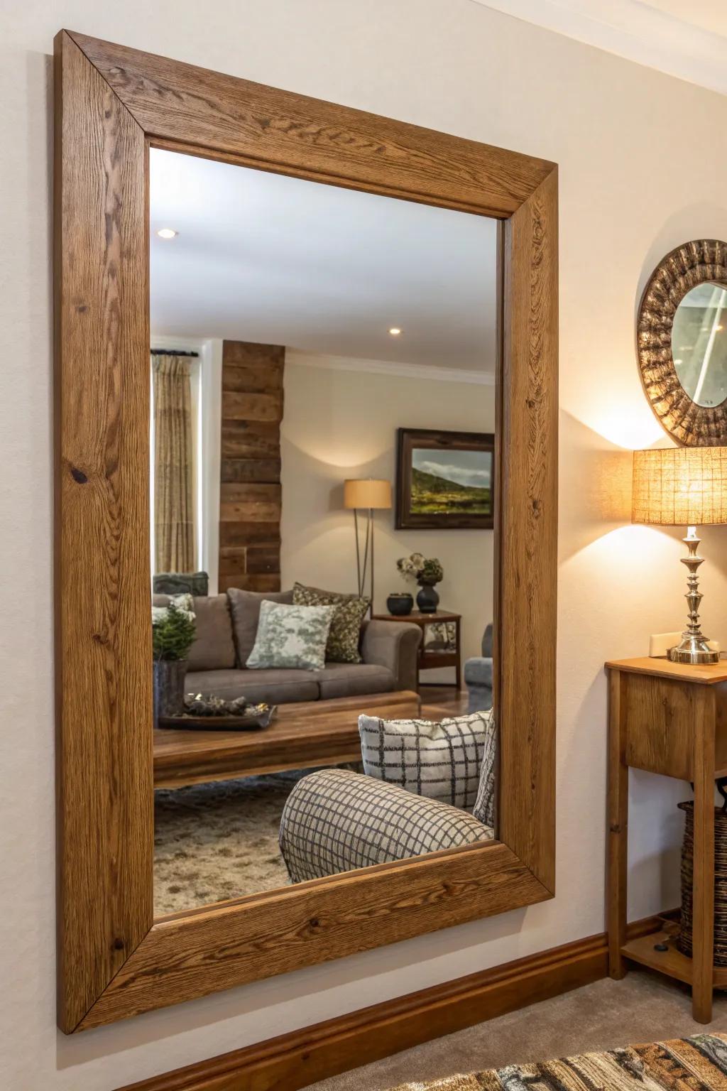 Timber-framed mirrors enhance both warmth and a cozy sensation.